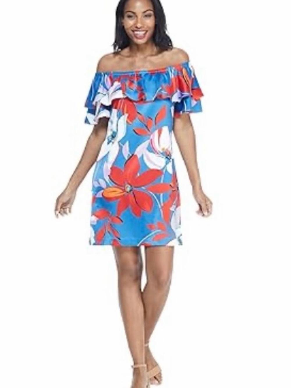 London Times Blue Dress with Red Floral Accent